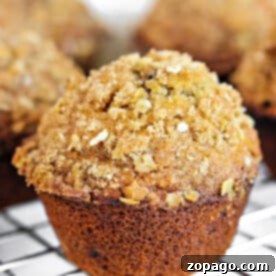A close-up of an oatmeal raisin muffin with a crumbly oat topping resting on a cooling rack.