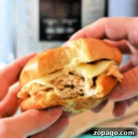 Hands holding a sandwich with shredded Mississippi chicken seasoning in front of an Instant Pot.