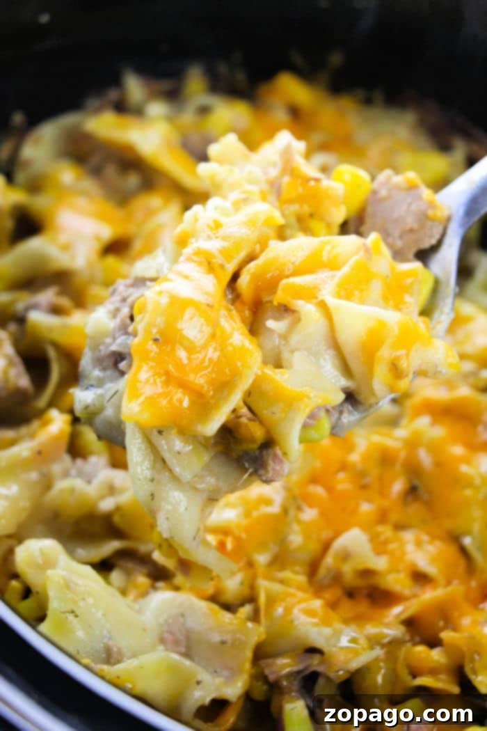 Slow Cooker Tuna Noodle Bake 2 Cheesy Crockpot Tuna Noodle Casserole, a delightful and easy slow cooker meal.