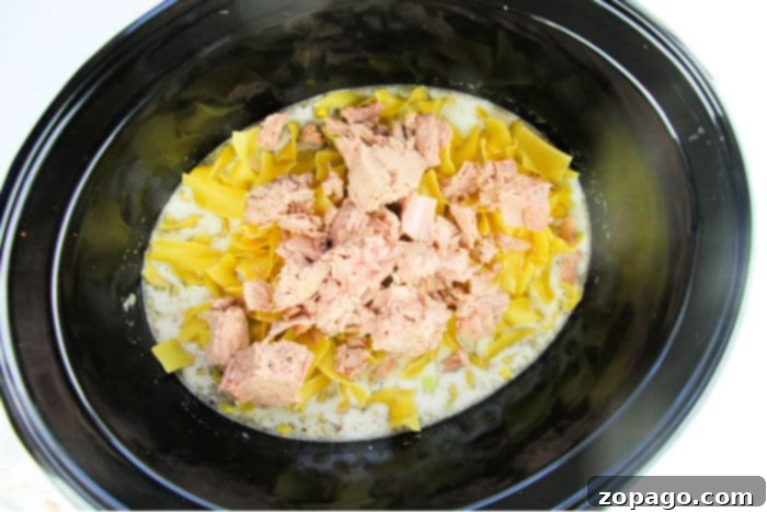 Slow Cooker Tuna Noodle Bake 5 Delicious slow cooker tuna noodle casserole with melted cheese topping.