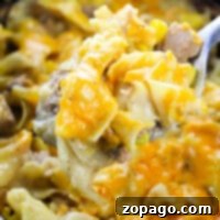 A spoonful of creamy tuna noodle casserole topped with melted cheese is held above the pot, reminiscent of a comforting crockpot tuna noodle casserole.