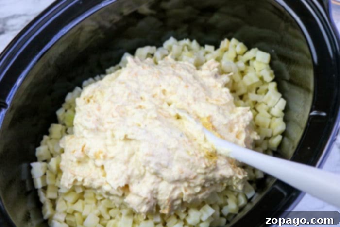 Slow Cooker Cheesy Hash Browns 5 A close-up shot of the creamy and comforting crockpot Cheesy Hashbrowns, ready to be served.