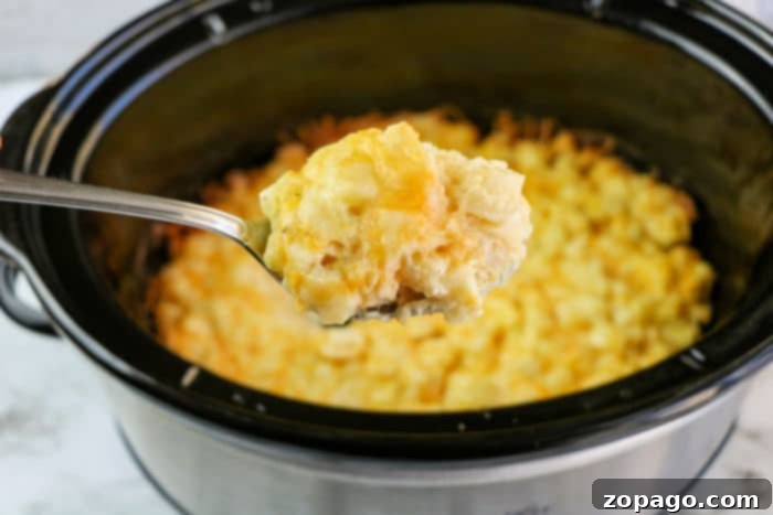 Slow Cooker Cheesy Hash Browns 7 Overhead shot of a Crockpot filled with golden, bubbling Hashbrown Crockpot casserole, garnished with green herbs.