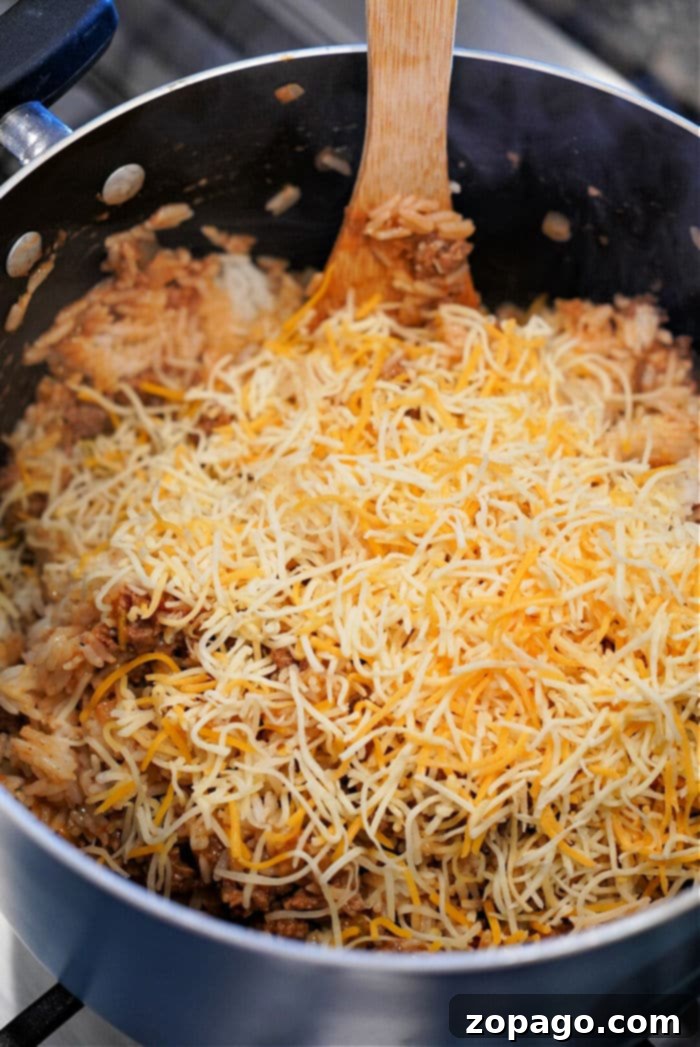 Close-up of ground beef and rice casserole