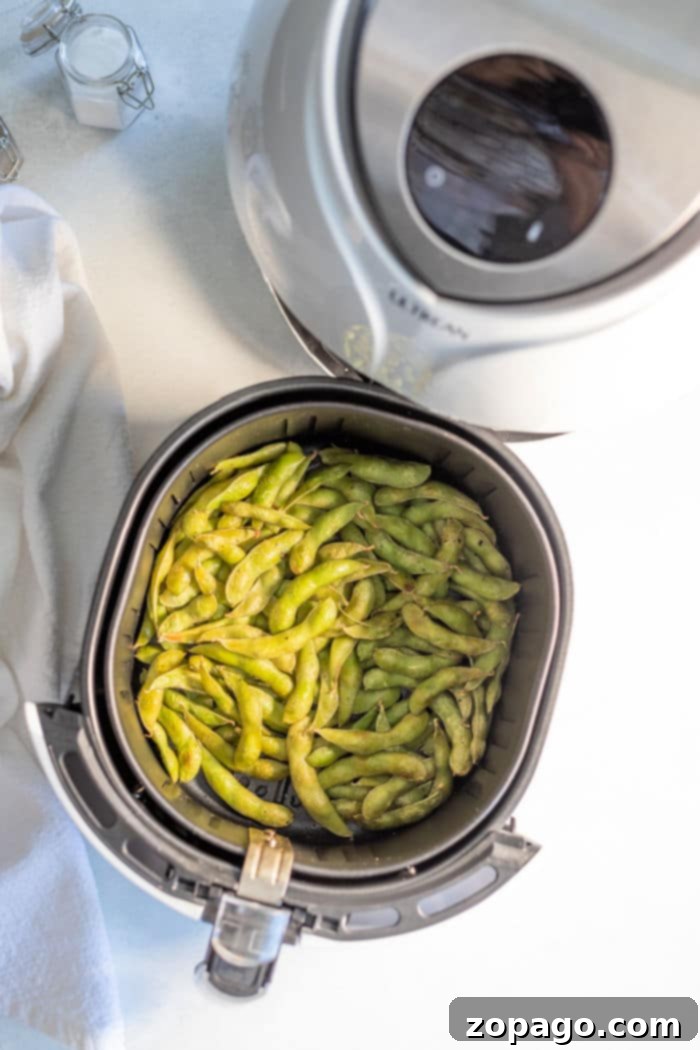Crispy Air Fryer Edamame Bites 4 An air fryer basket filled with cooked, vibrant green edamame beans, showcasing a healthy and quick snack or side dish.