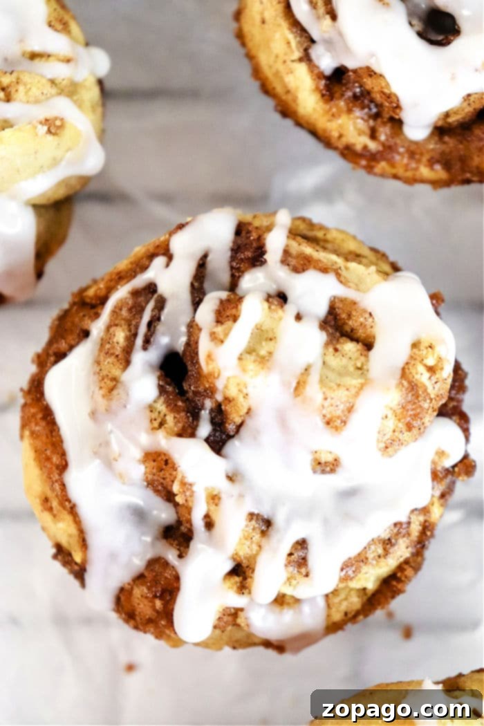 Cinnamon Swirl Muffins 2 Delicious cinnamon roll muffins drizzled with sweet icing, ready to be enjoyed.
