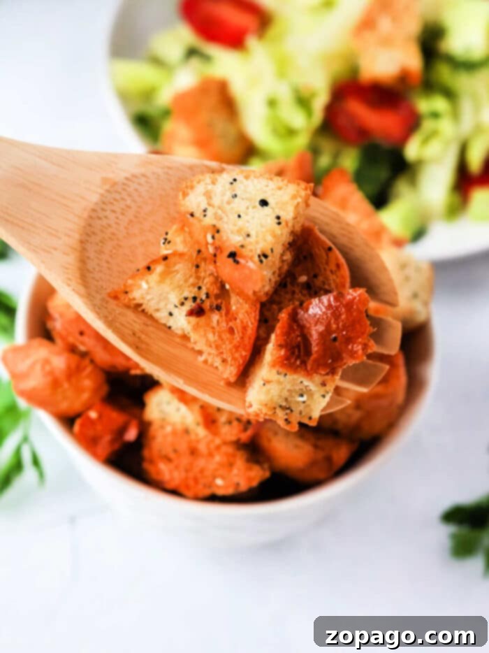 Ultimate Air Fryer Croutons 2 Golden brown air fryer croutons in a serving bowl, ready to be enjoyed.