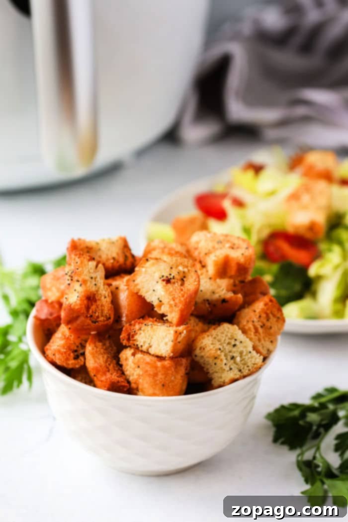 Ultimate Air Fryer Croutons 6 A bowl of perfectly seasoned air fryer croutons sits beside a salad overflowing with fresh tomatoes and crisp lettuce, all resting on a pristine white countertop embellished with scattered herbs.
