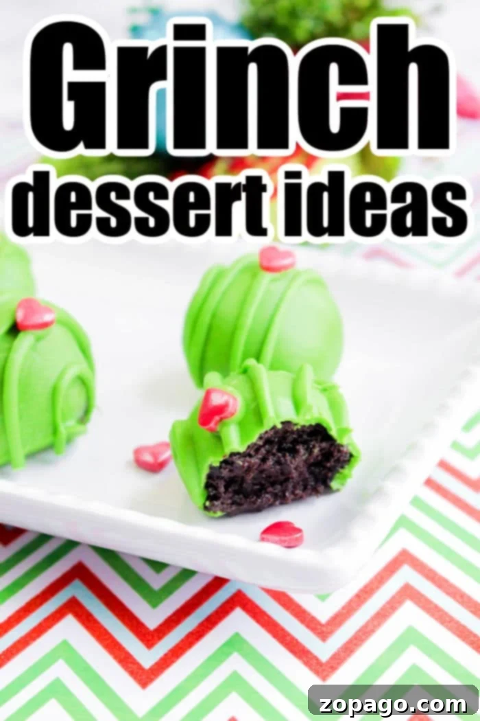 How the Grinch Stole Dessert 2 Grinch Desserts - Vibrant green Oreo truffles with red heart sprinkles on a festive platter.