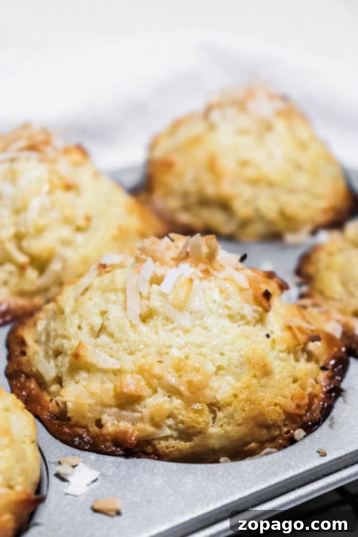 Tropical Coconut Muffins 6 Close-up of a homemade Coconut Muffin, showcasing its moist texture and coconut flakes.