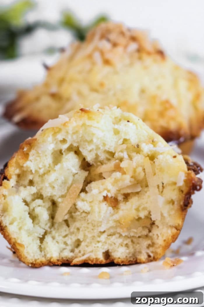 Tropical Coconut Muffins 7 A stack of golden brown Coconut Muffins on a cooling rack.