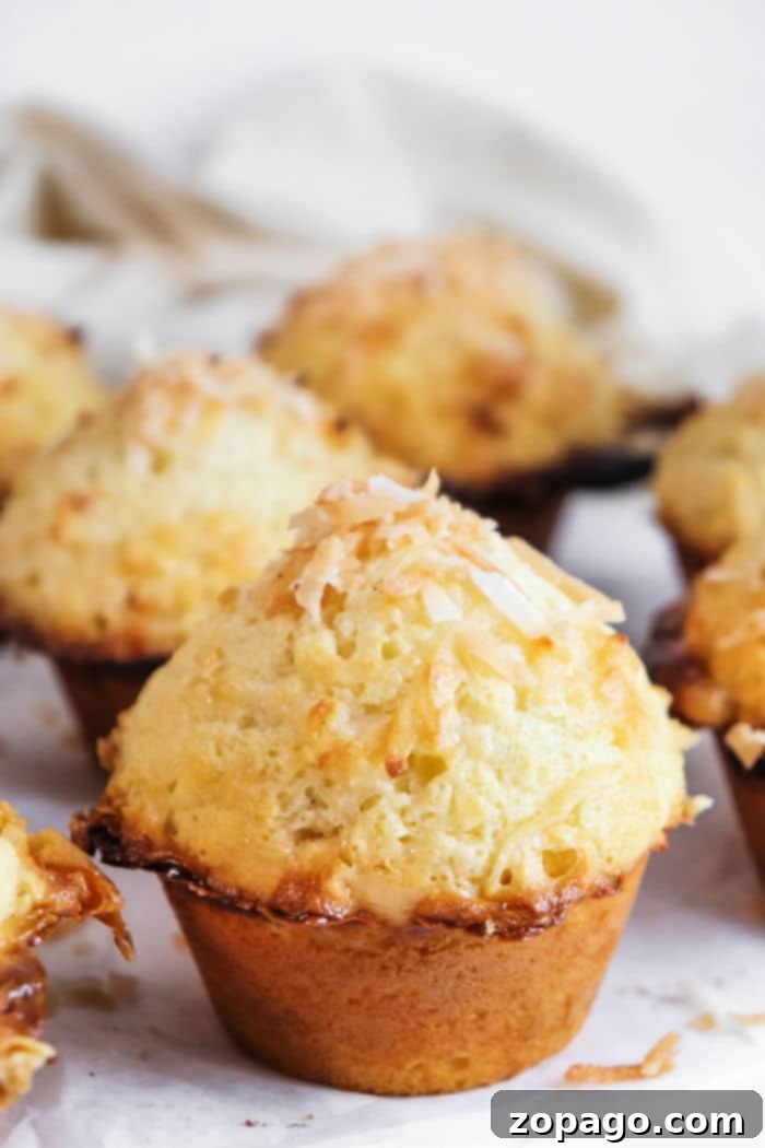 Tropical Coconut Muffins 9 A close-up of a delightful pineapple coconut muffin, showing the tropical fruit pieces within the moist crumb.