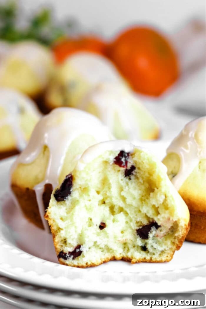 Moist Cranberry Yogurt Muffins 2 A sliced, healthy cranberry muffin with yogurt and icing sits on a plate, while more muffins and fresh oranges create an inviting background.