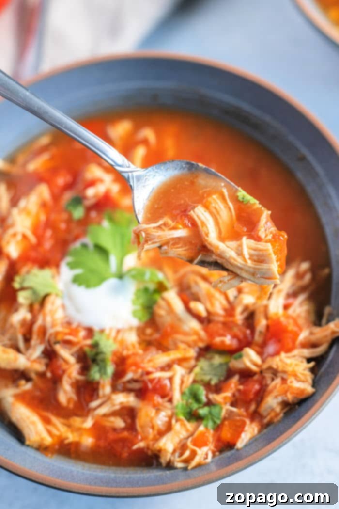 Spicy Chicken Fajita Soup 2 A steaming bowl of vibrant Chicken Fajita Soup, topped with sour cream and fresh cilantro, ready to be enjoyed as a hearty meal.