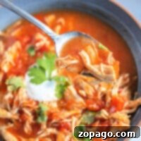 A steaming bowl of tomato-based fajita chicken soup is topped with cilantro and sour cream, with a tantalizing spoonful being lifted.