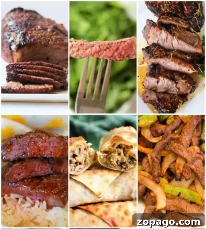 Perfect Air Fryer Beef 7 A collage of six images featuring various beef dishes. Top left: sliced roast beef. Top middle: a fork holding a piece of medium-rare steak. Top right: grilled beef. Bottom left: air fryer beef over rice. Bottom middle: beef-stuffed wraps. Bottom right: beef stir-fry with vegetables.