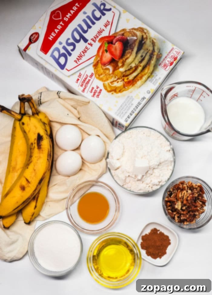 Easy Bisquick Banana Bread 3 Ingredients for Bisquick Banana Bread including bananas, eggs, Bisquick mix, milk, flour, pecans, vanilla, cinnamon, sugar, and oil.