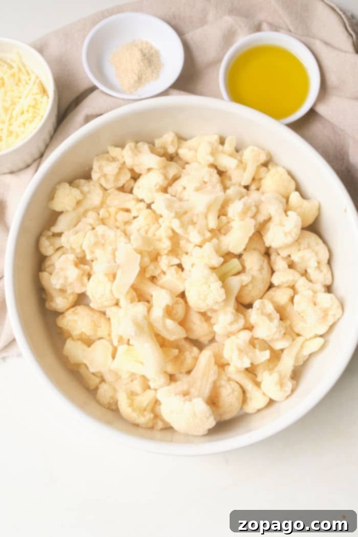 Perfectly Tender Air Fryer Frozen Cauliflower 5 Close-up of frozen cauliflower florets, ready for air frying