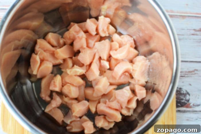 Hearty Instant Pot Chicken Vegetable Soup 4 Chicken pieces cooking in an Instant Pot, lightly browned before adding other ingredients.