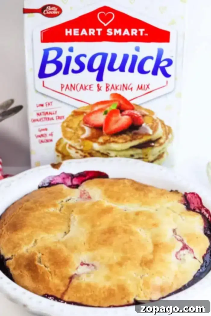 Easy 5 Ingredient Bisquick Blackberry Cobbler 6 A freshly baked blackberry cobbler rests invitingly in front of a box of Bisquick Heart Smart Pancake & Baking Mix. The golden brown crust reveals juicy fruit beneath, while the box displays fluffy pancakes topped with strawberries.