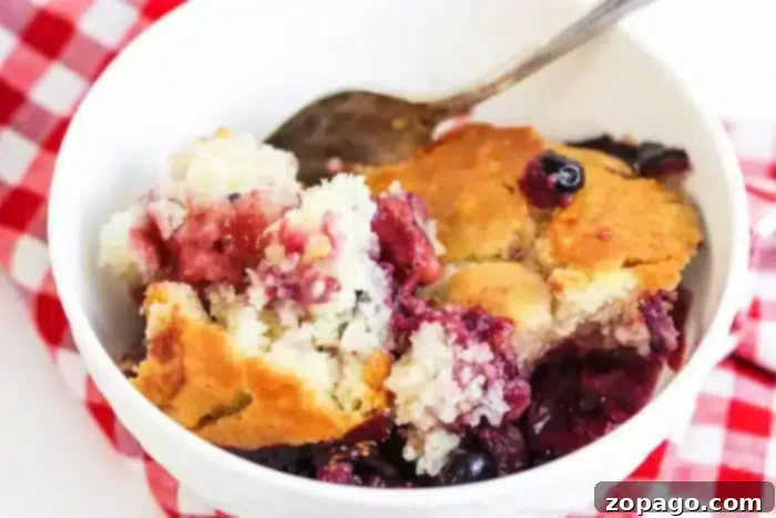 Easy 5 Ingredient Bisquick Blackberry Cobbler 7 A white bowl holds a serving of blackberry cobbler with a golden crust made with Bisquick. A spoon is nestled in the bowl, which rests on a red and white checkered cloth.