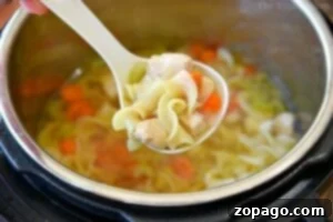 A ladle scoops hearty Instant Pot chicken noodle soup, filled with carrots, celery, and pasta, from the pressure cooker.
