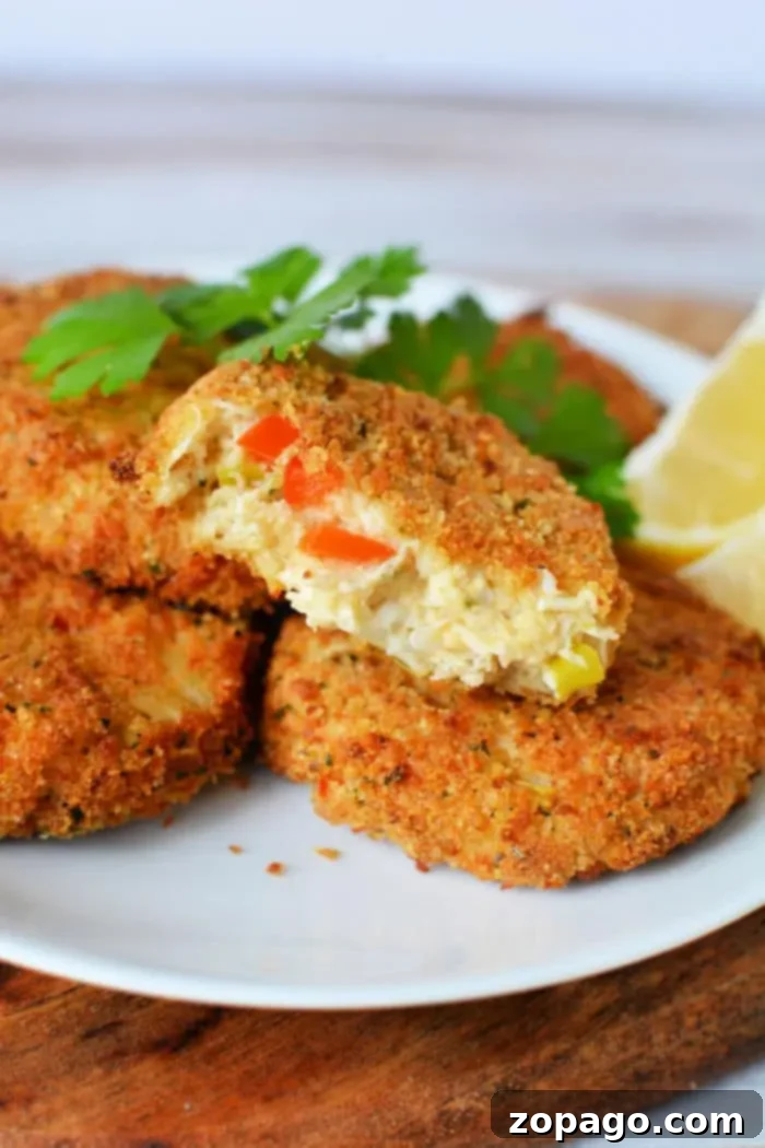 Golden Crispy Air Fryer Crab Cakes 10 A pristine white plate proudly displays a stack of perfectly golden-brown, air-fried crab cakes, artfully garnished with vibrant fresh parsley. The topmost crab cake reveals a delicious bite taken out, showcasing the succulent mixture of crab meat and finely diced vegetables within. A bright lemon wedge rests alongside the stack, offering a zesty accompaniment to this delectable seafood treat.