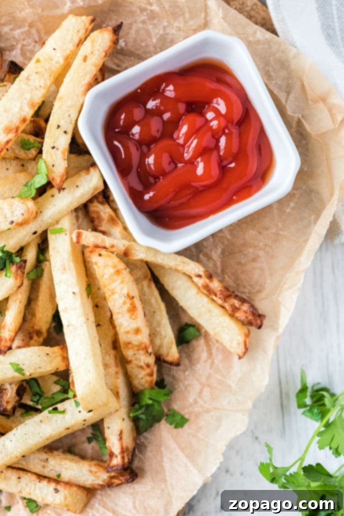 Crispy Jicama Fries 7 A bowl of air fryer jicama fries, garnished with fresh herbs, ready to be served