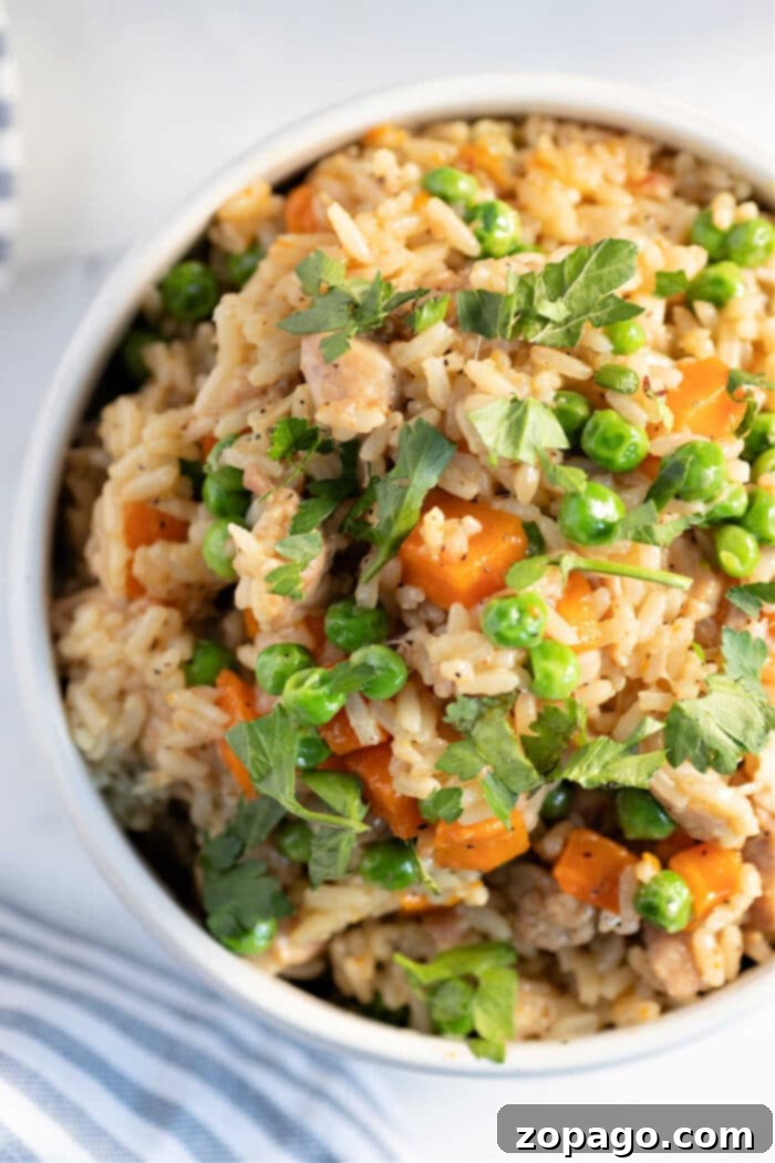 Savory Instant Pot Chicken Thighs and Rice 2 A bowl of tender instant pot chicken thighs and garnished with fresh herbs.