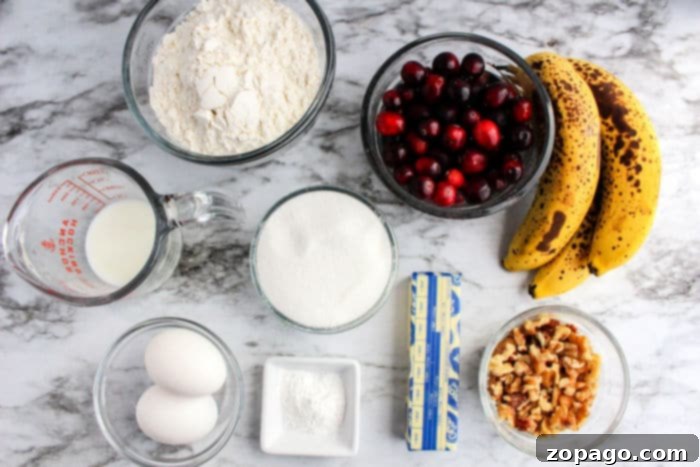 Moist Banana Cranberry Loaf 3 A medley of baking ingredients spread across a marble surface: ripe bananas, cranberries, flour, sugar, eggs, crunchy walnuts, creamy butter, milk, and baking powder—all coming together to inspire banana cranberry bread.