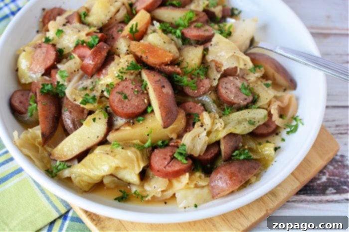 Hearty Slow Cooker Cabbage and Sausage 9 A rustic presentation of cabbage and sausage cooked in a crockpot, highlighting the tender ingredients.
