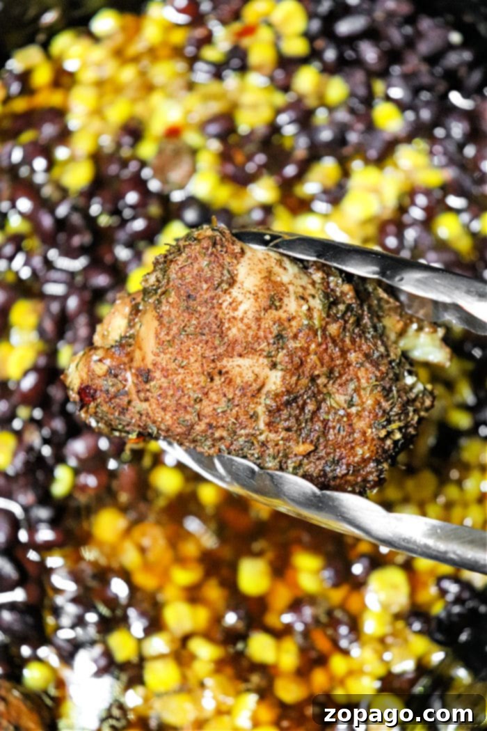 Effortless Slow Cooker Jerk Chicken 7 A serving of Crockpot Jerk Chicken with black beans and corn, garnished with fresh cilantro, ready to enjoy.