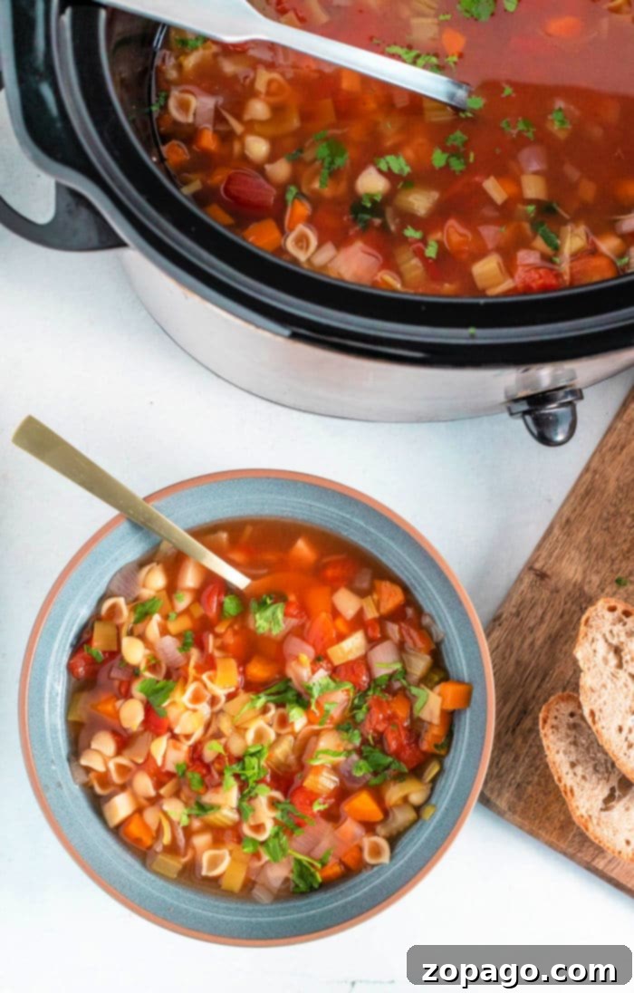 Slow Cooker Minestrone Soup 2 Healthy Crockpot Minestrone Soup, a hearty vegetable soup with pasta, perfect for family dinners.