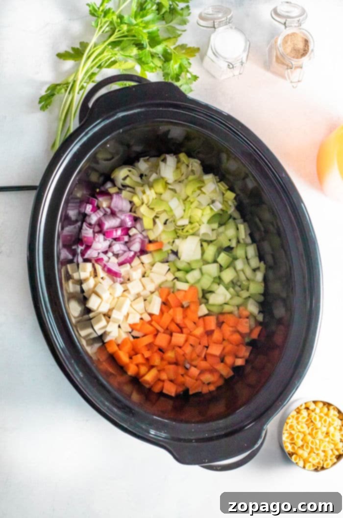 Slow Cooker Minestrone Soup 5 VEGETABLE SOUP SLOW COOKER with fresh parsley garnish, ready to be served.