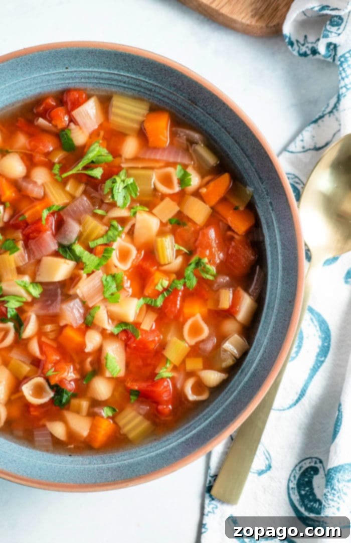 Slow Cooker Minestrone Soup 7 homemade vegetarian soup in a bowl, garnished with fresh herbs, ready to be enjoyed.