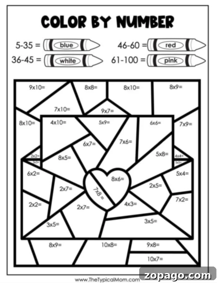 Free Printable Numbered Coloring Adventures 7 valentines day color by number addition
