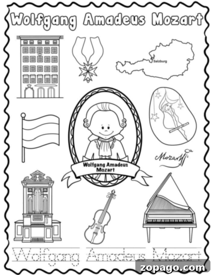 Wolfgang Amadeus Mozart coloring page for music history lessons