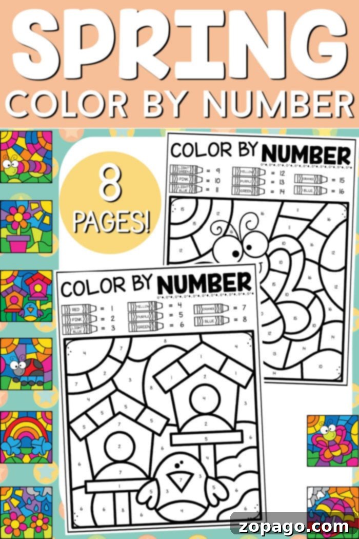 Spring Color by Number worksheet showing various spring elements to color by number.