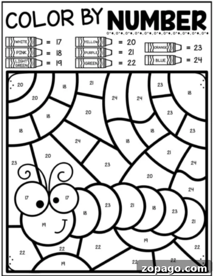 Free Printable Spring Color by Number Pages 6 A whimsical caterpillar color by number worksheet, designed to help children develop fine motor skills and number recognition while celebrating spring.