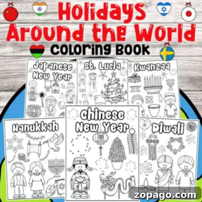 Festive Coloring Fun 2 Introducing "Holidays Around the World," a captivating coloring book cover with holiday coloring pages. Dive into diverse celebrations from Japanese New Year to Diwali, with each page showcasing thematic illustrations that beautifully capture the spirit of these global festivities.