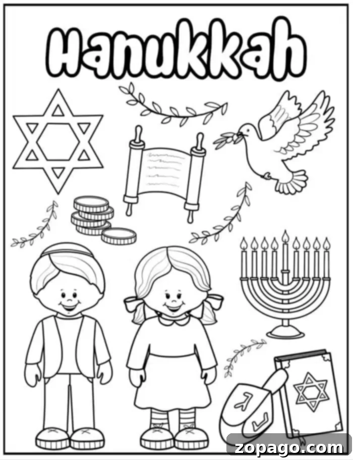 Festive Coloring Fun 3 Holiday coloring page with Hanukkah-themed illustrations. Features a Star of David, coins, Torah scroll, dove with olive branch, menorah, dreidel, gift, and two smiling children wearing traditional clothing. The word "Hanukkah" is at the top.