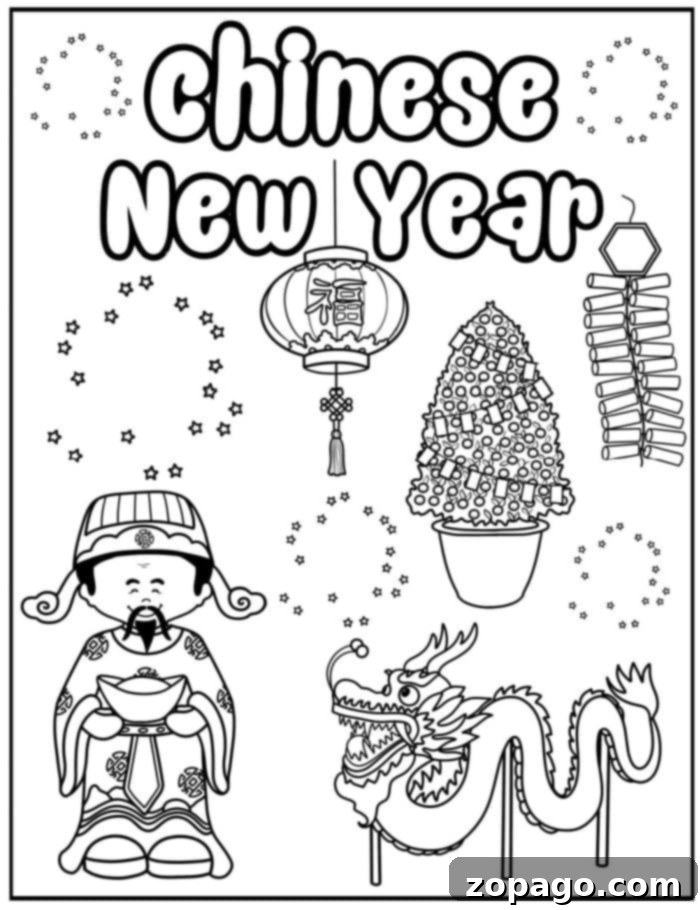 Festive Coloring Fun 5 Free Chinese New Year coloring pages featuring a festive dragon dance and traditional symbols for kids to color.