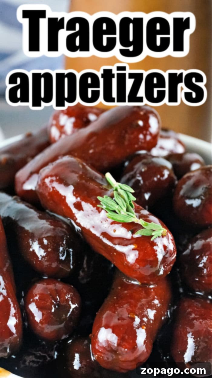 Smoky Traeger Bites 2 A pile of glazed sausages garnished with fresh herbs is displayed, boldly labeled as Traeger Appetizers.