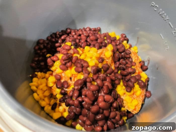 Instant Pot Leftover Chicken Makeovers 3 Close-up of chicken corn and black beans, seasoned and ready for cooking in a pressure cooker to become a delicious leftover chicken recipe.