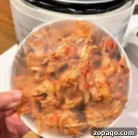 A person holds a plastic-covered bowl filled with seasoned, shredded chicken, perfect for leftover chicken recipes. An Instant Pot can be seen in the background, ready to create delightful dishes from these tender morsels.