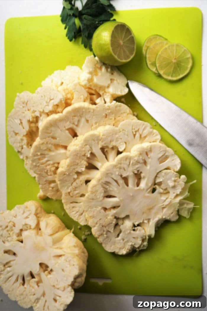 Step-by-step guide on how to cut a whole head of cauliflower into steaks