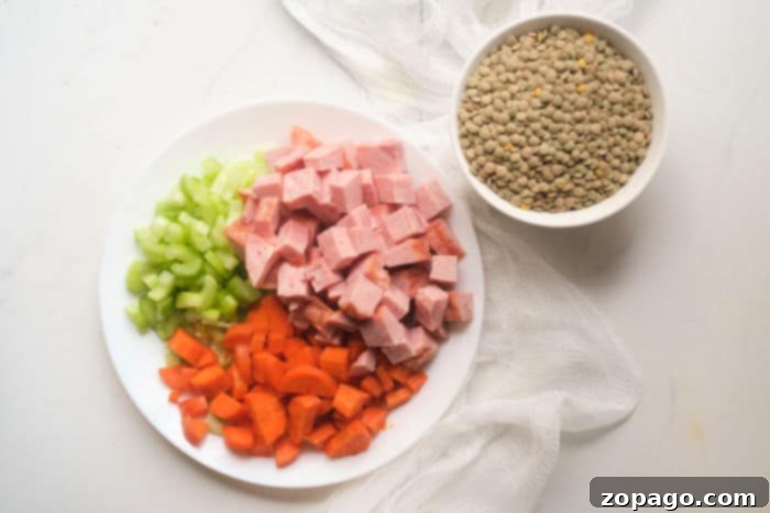 Hearty Instant Pot Lentil and Ham Soup 3 Dry lentils and diced ham are shown, ready to be combined into a flavorful soup.