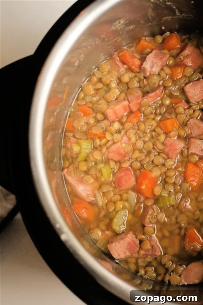 Hearty Instant Pot Lentil and Ham Soup 5 A pressure cooker filled with delicious lentil soup with ham, showcasing visible ingredients ready to be served.