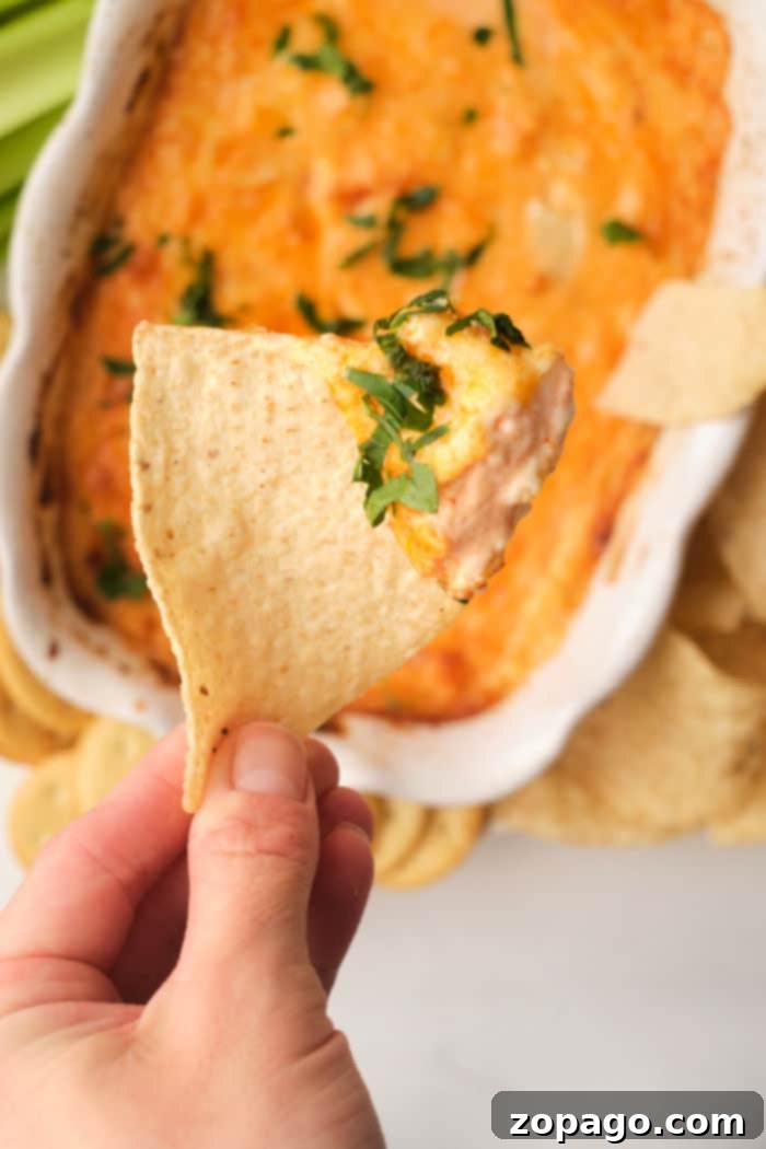 Creamy Dairy-Free Buffalo Chicken Dip 2 Creamy dairy-free buffalo chicken dip served with crisp tortilla chips, perfect for a Super Bowl party.
