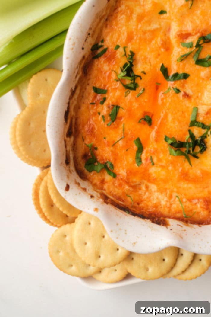 Creamy Dairy-Free Buffalo Chicken Dip 4 A close-up shot of a spoon scooping creamy dairy-free buffalo chicken dip from a hot casserole dish, garnished with green onions.